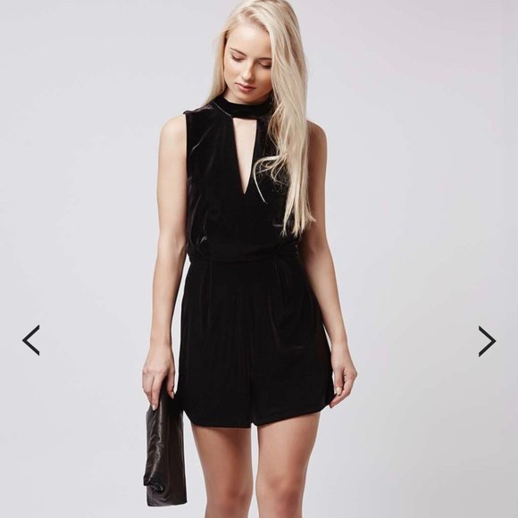 Black Velvet Playsuit w/Lace Back, Deep V-Neck with Collar Neck, Topshop sz 6/sm - Picture 1 of 10